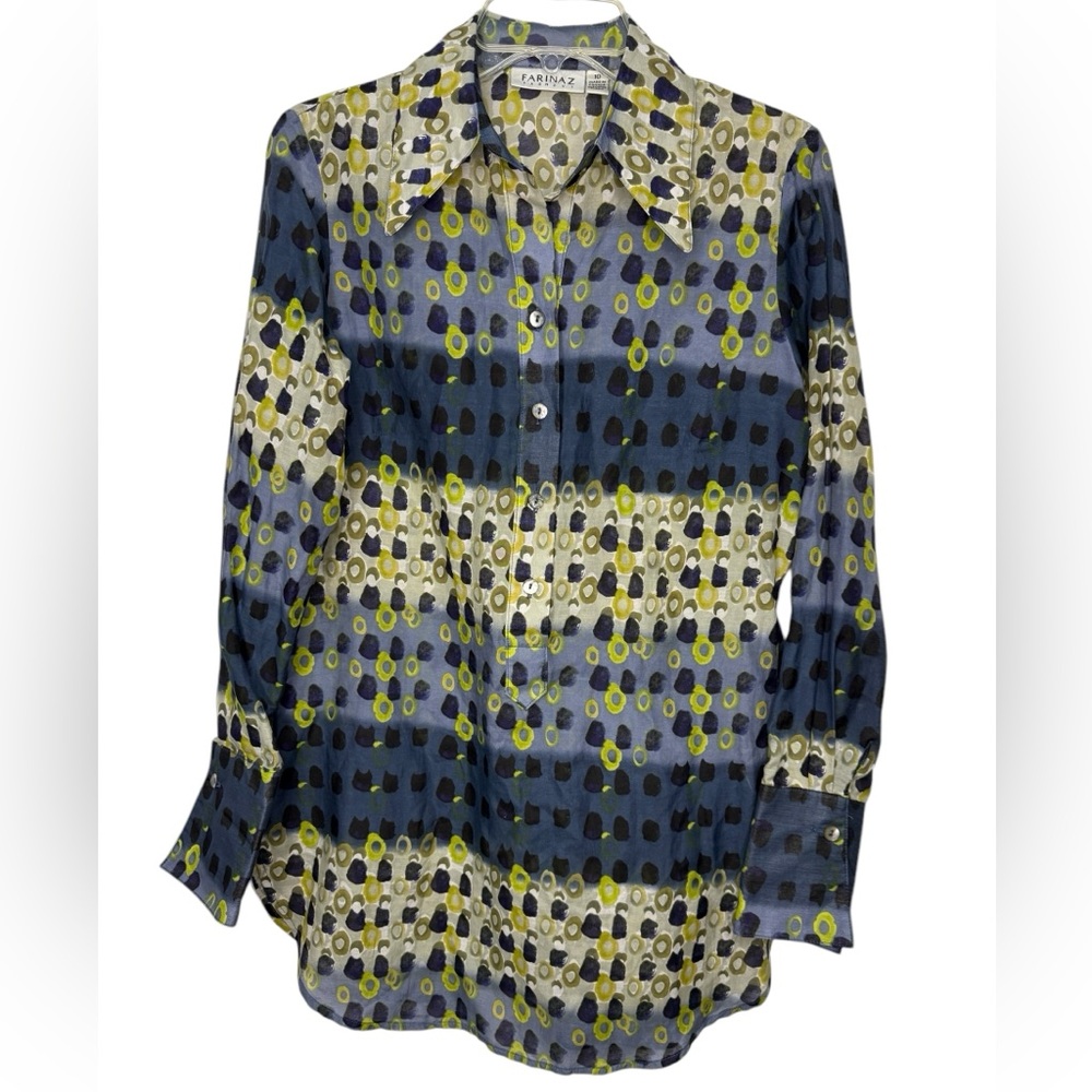 Farinaz Taghavi Women’s Long Sleeve Patterned Tunic Shirt Navy Lime - size 10